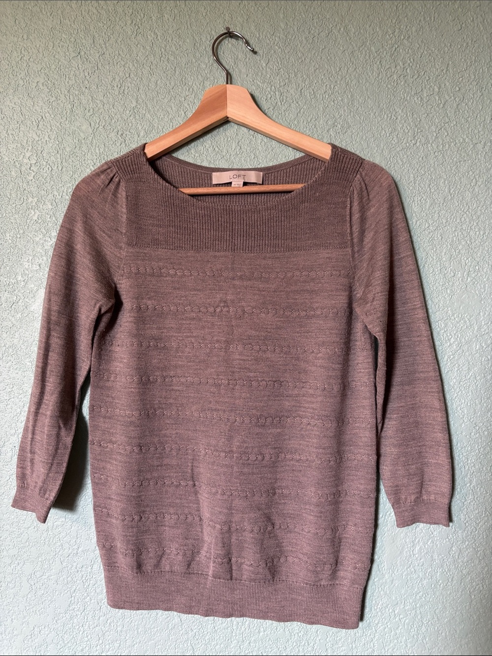 LOFT Grey Beige Scoop Neck Lightweight Knit 3/4 Sleeve Sweater Women’s XS Good